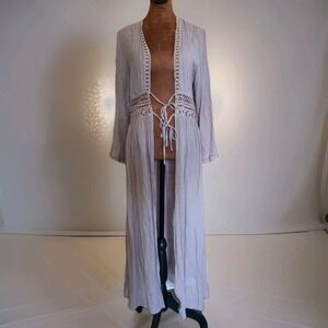 Rebellion Duster Kimono Cardigan Long Size M Boho Embroidered Lace Taupe